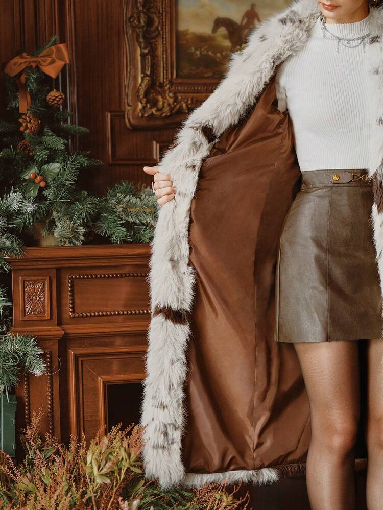 Women's Long Faux Fur Cow Print Coat, Suitable For Autumn, Fall, Winter, Going Out, Elegant, Chic, Formal, Christmas, Casual