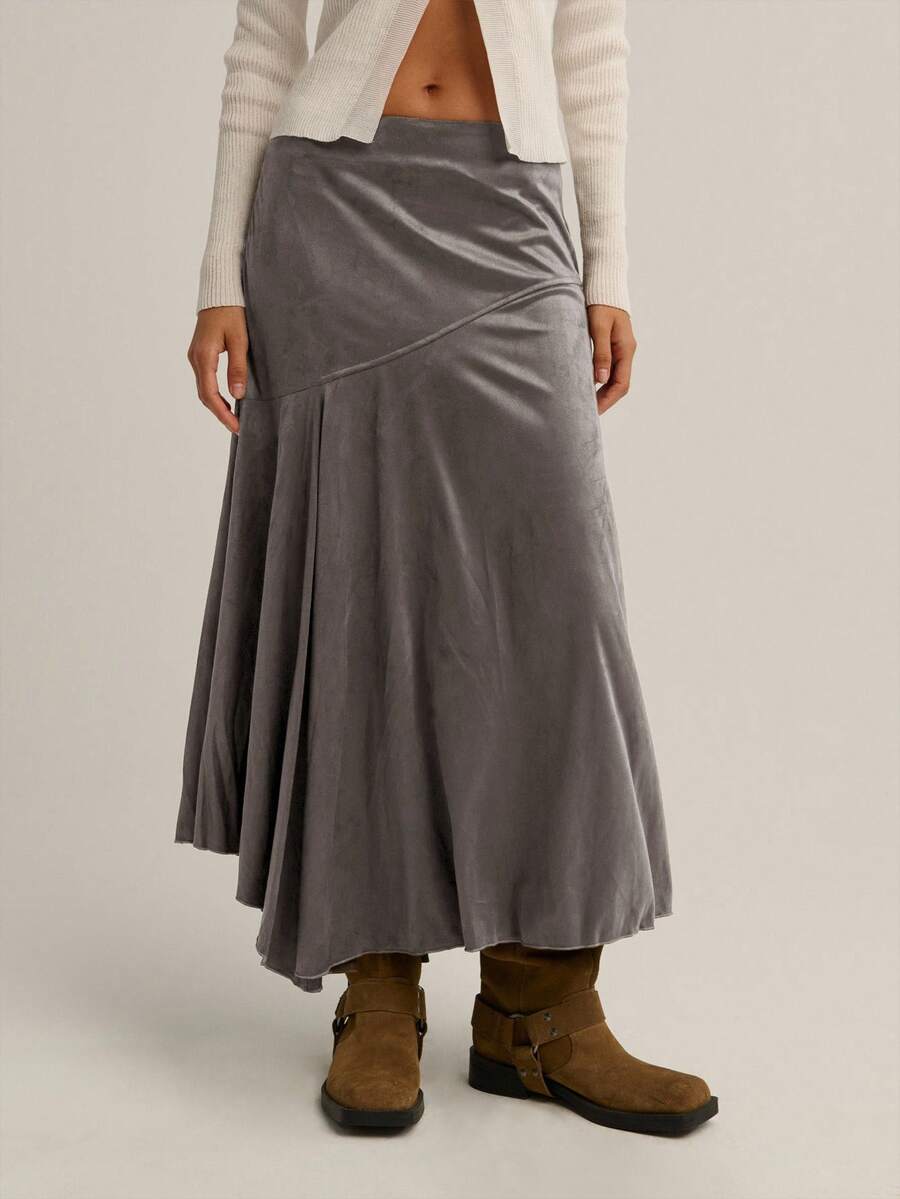Nöista Grey Solid Midi Skirt,Soft Suede Texture Autumn Casual Hiking Gentle Flared Silhouette,Subtle Diagonal Seam Sophisticated Winter Evening Skirt - Grey - View 1