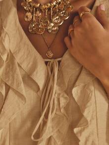 Aralina Ruffled V-Neck Long Sleeve Front Tie Blouse - Khaki - View 3