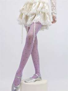 ROMWE Grunge Punk 1 Pair Of Minimalist Polka Dot Pantyhose, Lolita Purple Leggings, Sexy Ultra-Thin Elastic Breathable Stockings, Four-Season Versatile Classic Pantyhose