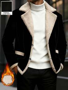 Manfinity Homme 男士休闲时尚街头拼接泰迪绒翻领长袖外套，秋冬款 - 黑色 - 查看 1