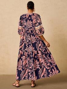 Travachic Váy maxi in họa tiết cây nhiệt đới màu hồng và xanh lá cây cỡ lớn dành cho nữ, váy dài tay rộng rãi, cổ chữ V, thắt nơ, đầu thu - Màu xanh hải quân - Xem 2