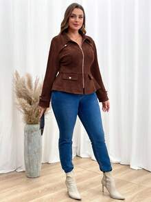 SHEIN Clasi Kurtka damska Plus Size, modna, swobodna, w jednolitym kolorze, zamszowa, z suwakiem i baskinką, jesienna
