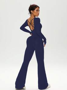 Dewbera Women's Autumn/Winter Jumpsuit, Black Tight-Fitting U-Neck Long Sleeve, Cross Back Strap, Fitted Front Panel, Flared Leg Hem, Suitable For Casual, Running, Yoga, Gym, Tennis And Other Activities