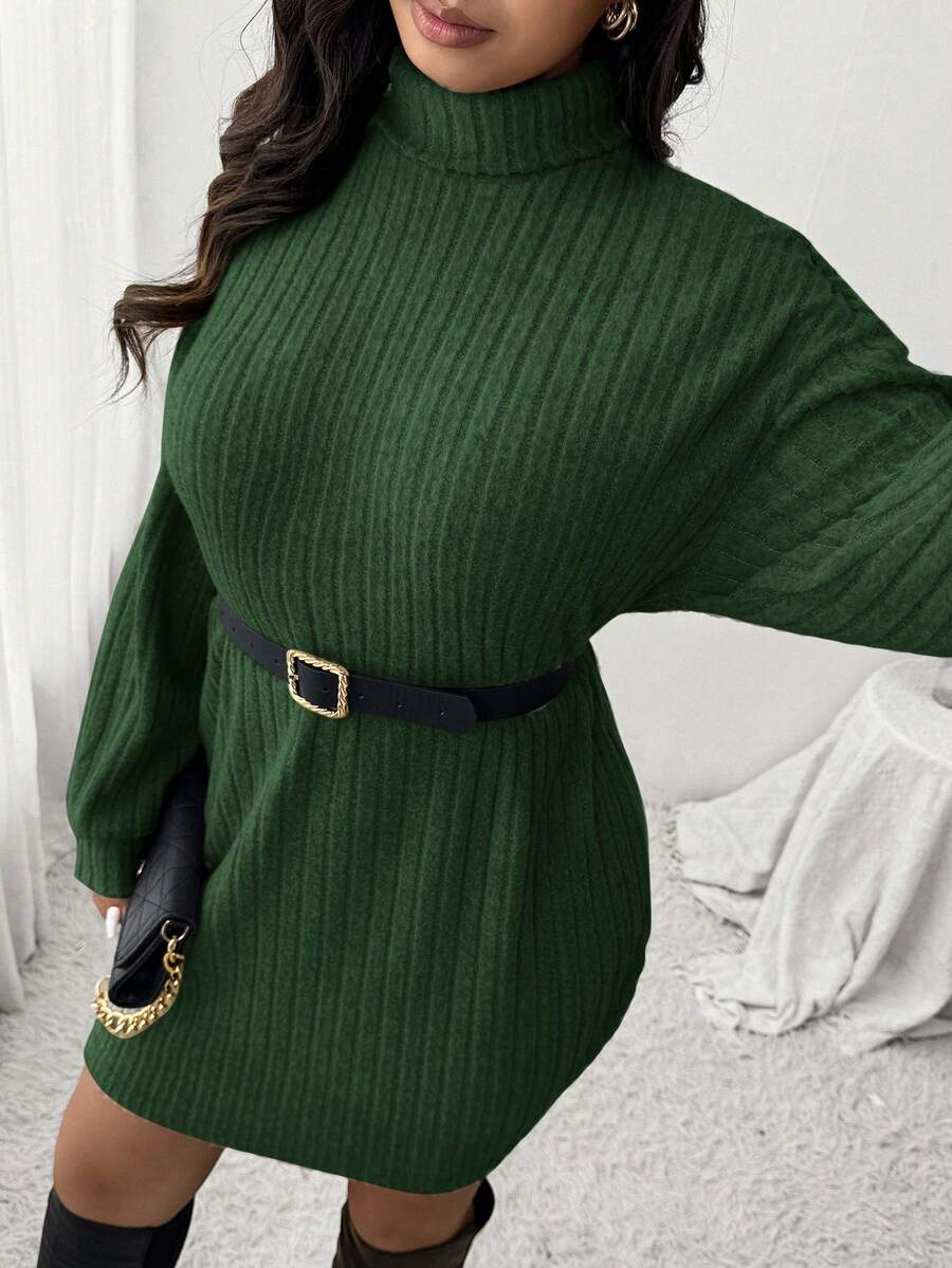 SHEIN Frenchy Casual Turtleneck Ribbed Knit Fleece Dress, Plus Size, Suitable For Leisure And Home Wear, Autumn/Winter - Dark Green - View 1