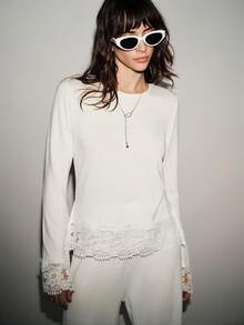 Lumivelle 2 件套，高弹针织刺绣拼布，纯色修身圆领喇叭袖，开衩下摆，下摆和袖口蕾丝花边，腰部收紧阔腿直筒裤，休闲时尚舒适优雅日常穿着，春/秋/冬 - 軍綠色 - 查看 5