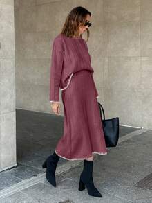 EURMUSE Women Solid Color Rib Knit Handmade Stitch Detailed Sweater & Sweater Skirt Set - Dusty Pink - View 4