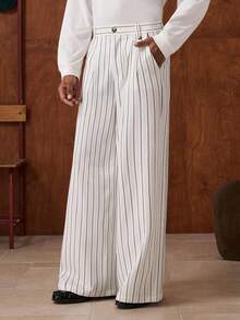 SWAVVY Quần ống rộng kẻ sọc thường ngày thời trang nam - trắng - Xem 3