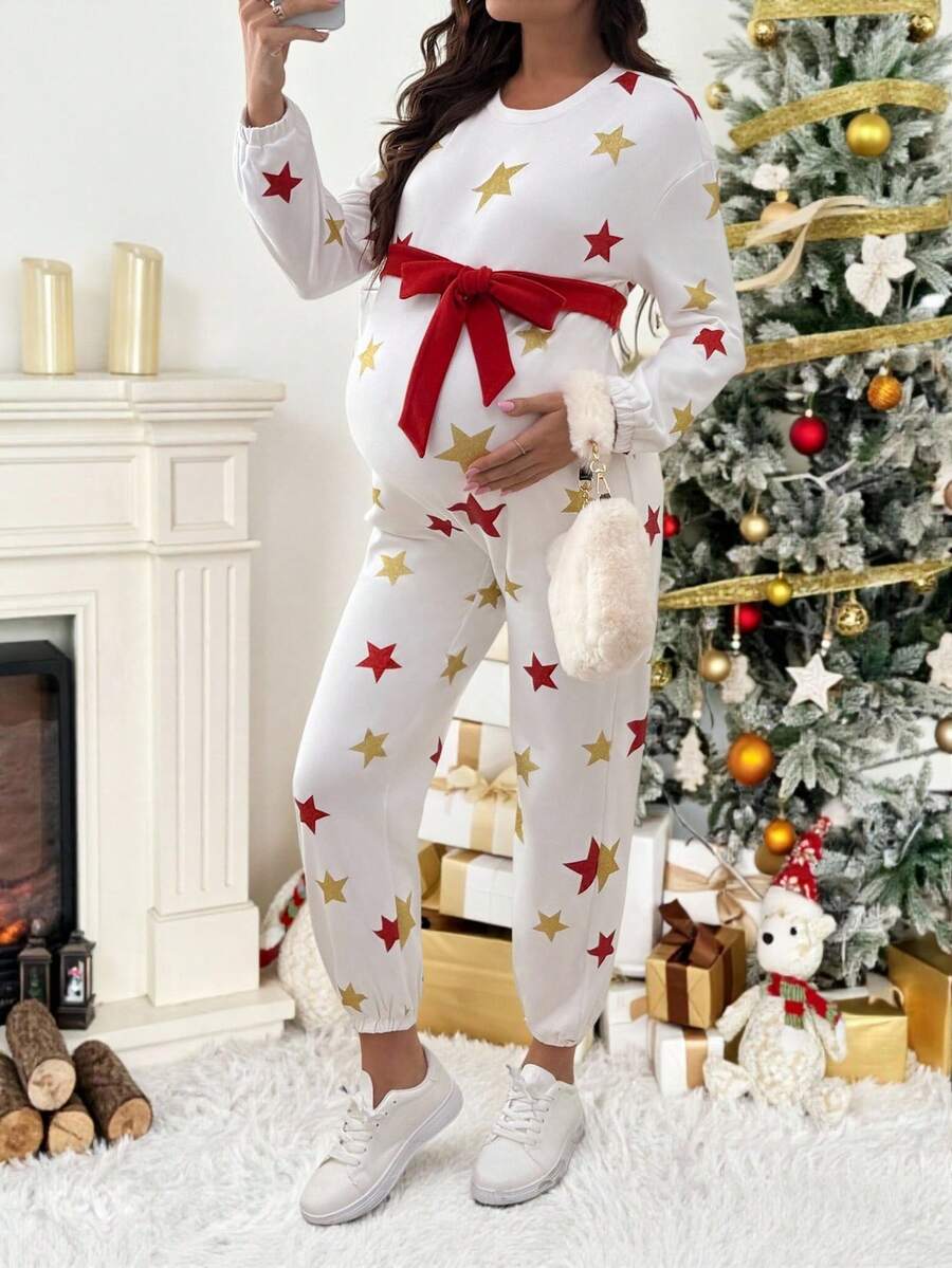 SHEIN Maternity Casual Star Print Jumpsuit, Autumn - Multicolor - View 1