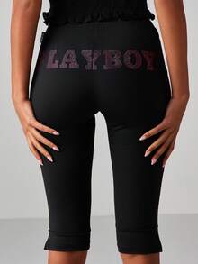 Missguided x Playboy Rhinestone Logo Capri Leggings With Studded Embellishment Details High Waisted Stretch Pants - Black - View 1