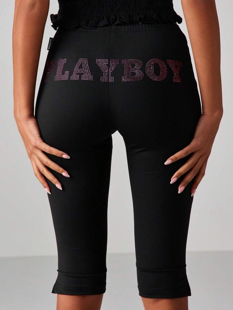 Missguided x Playboy Rhinestone Logo Capri Leggings With Studded Embellishment Details High Waisted Stretch Pants