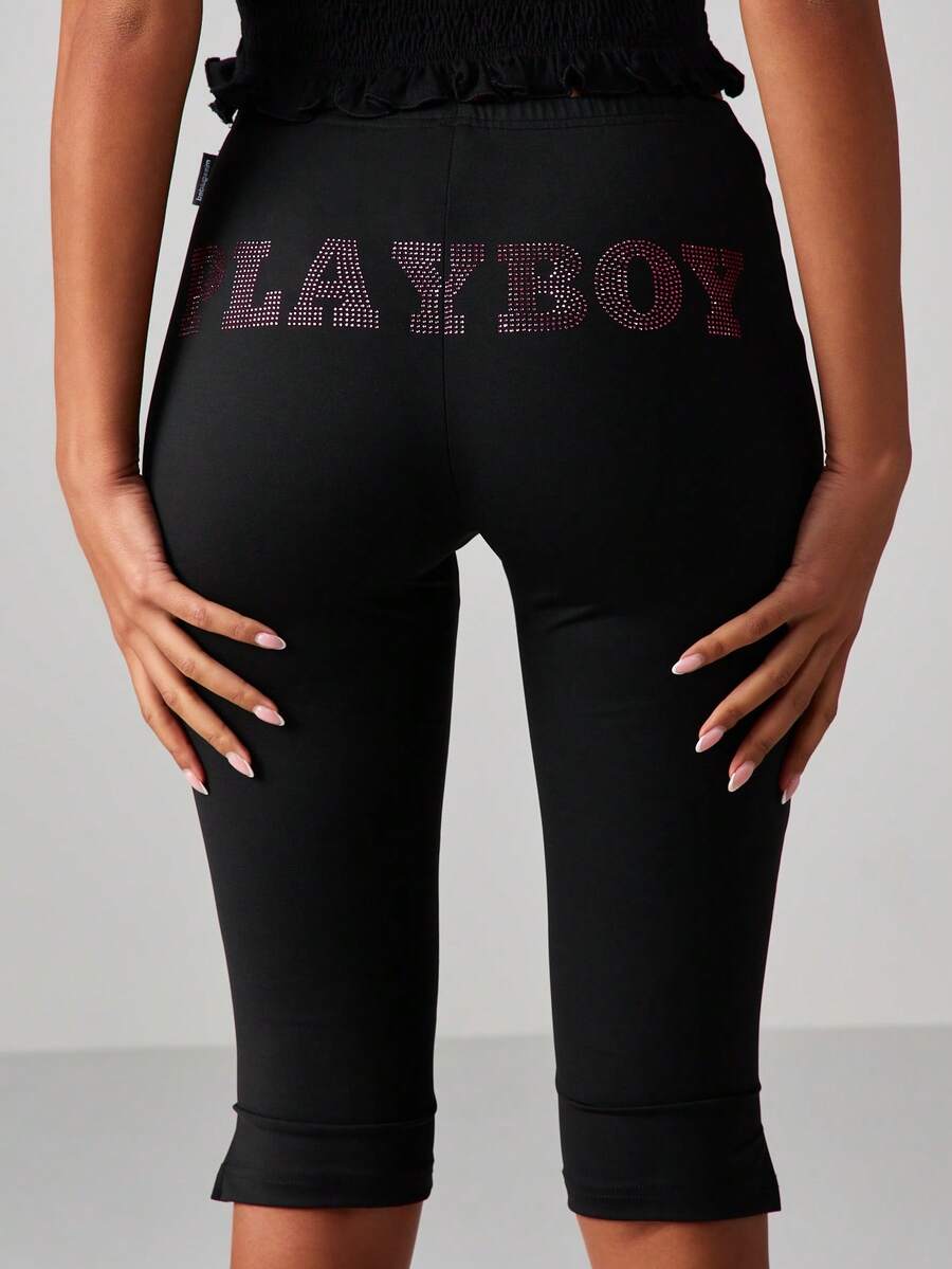 Missguided x Playboy Rhinestone Logo Capri Leggings With Studded Embellishment Details High Waisted Stretch Pants - Black - View 1