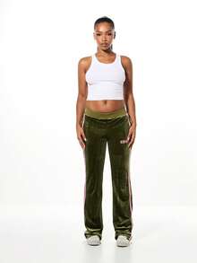 SUMWON WOMEN Velour Wide Leg Joggers With Pink Contrast Stripe And Star Design - Green - View 5