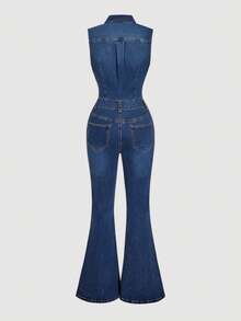 Sweetra Elegant & Fashionable Women Casual Denim Bib Pants And Jumpsuit - Blue - View 2