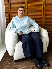 Dazy Plus Plus Size Women Solid Color Polo Collar Half-Placket Casual Pullover Sweater, Autumn/Winter - Blue - View 7