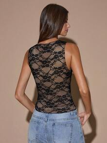 SHEIN BAE 黑色深 V 领蕾丝吊带背心，适合派对、鸡尾酒会、正式场合、性感女式上衣、圣诞节、宴会、商务休闲装、外套 - 黑色 - 查看 2