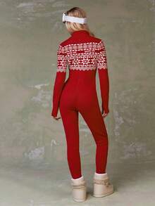 Athîral Autumn/Winter Long-Sleeved Women's Snowflake Pattern Zipper Slim Fit Jumpsuit, Fair Isle Pattern Stand Collar Slim Fit Outdoor Ski Bodysuit, Autumn/Winter Christmas, Snow Lady Outfit, Holiday Women's Clothing, Travel Women's Clothing, Cute Sweater, New Year Women's Clothing, Red Sweater - Red - View 4