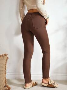 EMERY ROSE Quần Jeans Túi Nút Màu Trơn Đơn Giản Thường Ngày Cho Nữ - Cà phê nâu - Xem 3