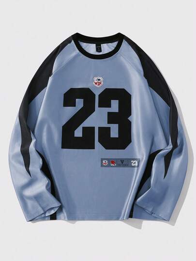 Prep Men's Casual Sports Contrast Color Patchwork Numeric Print Long Sleeve T-Shirt