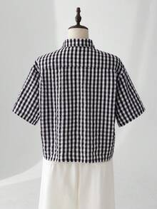 ESTAVOR Áo sơ mi nam ca rô đen trắng thời trang tay ngắn dáng rộng thêu họa tiết thường ngày - Đen và trắng - Xem 3