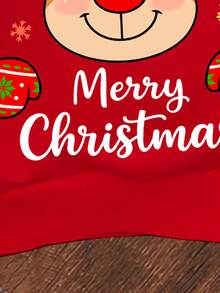 SHEIN Frohe Weihnachten, Lässig Minimalistischer Weihnachts-Pullover für Kleine Mädchen mit niedlichem Cartoon-Motiv des Rentiers mit roter Nase, buntem Polka-Punkt-Schneeflocken-Muster, in festlichem Rot, locker geschnittener Rundhals-Pullover aus bequemem Strick, geeignet für Herbst/Winter, passend für Weihnachten