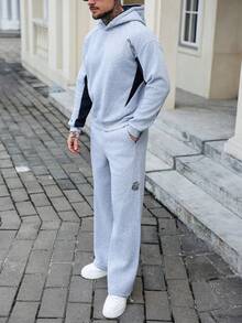 Manfinity Homme 男士撞色连帽衫和裤子套装 男士针织套装 男士慢跑服 男士运动套装 灰色套装 男士两件套运动服 - 灰色 - 查看 6