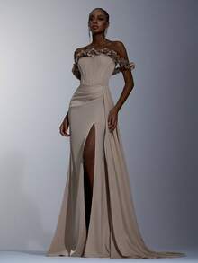 Elitara 优雅杏色简约亮面缎面 3D 花卉露肩美人鱼下摆侧垂高开衩礼服，适合所有正式场合、毕业典礼、婚礼、晚会 - 香檳色 - 查看 6