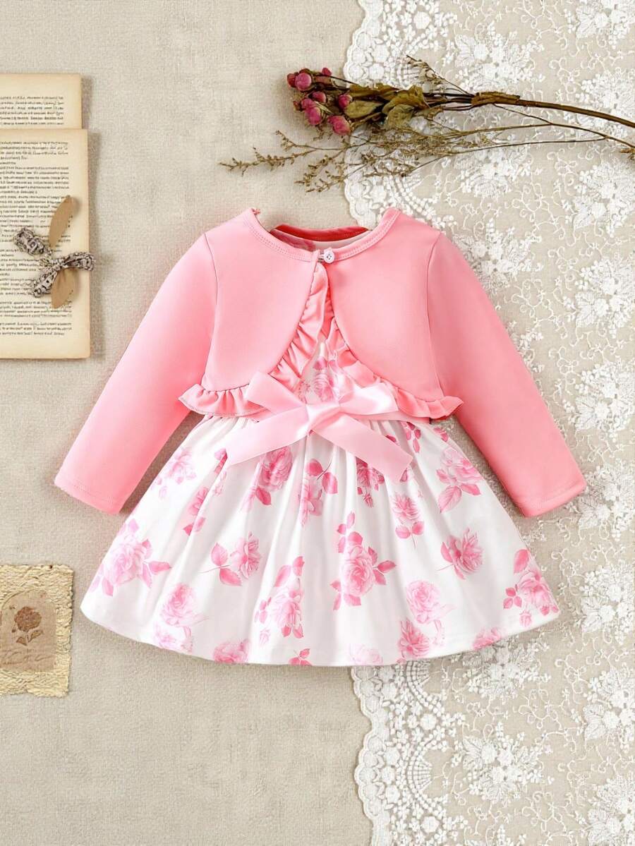 SHEIN Baby Girl Floral Print Sleeveless Dress And Ruffle Trim Cardigan Set - Pink - View 1