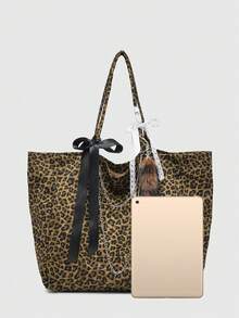 ROMWE Kawaii 女士复古假日风黑色网眼手提包，饰有荷叶边和蝴蝶结，大容量 - 豹紋 - 查看 2