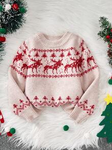 SHEIN Young Girl' Khaki Colored Fashionable Red Deer Pattern Crew Neck Long Sleeve Sweater Autumn Fall - Khaki - View 7