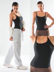 GLOWMODE FeatherFit™ Recharge Slim Fit Low Neck Adjustable Straps Removable Cups Waist Length Active Tank Low-Impact Yoga Pilates Studio Daily Casual Wear Fall Winter - Black - View 7