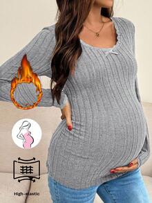 SHEIN Stylish Light Grey Maternity Top Long Sleeve Scoop Neck Knitted Fabric With Elegant Lace And Bow Accent