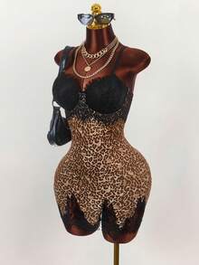 Amplova Vintage Leopard Muster Kleid mit tiefem Ausschnitt, Spaillentaille und figurbetonter Passform in Große Größen