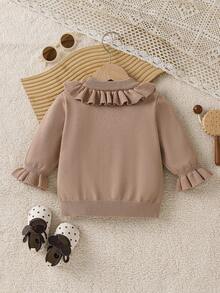 女婴休闲纯色荷叶边下摆毛衣，秋冬 - 卡其色 - 查看 2