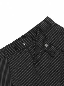 Manfinity Homme 男士宽松条纹阔腿裤，休闲时尚百搭长裤，细条纹西裤，男士褶裥西装裤，男士宽松西装裤 - 黑色 - 查看 6