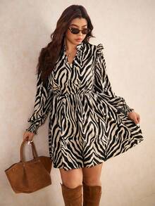 Elaquor Plus Size Casual Zebra Print Dress, /Valentine's Day Spring - Black - View 4