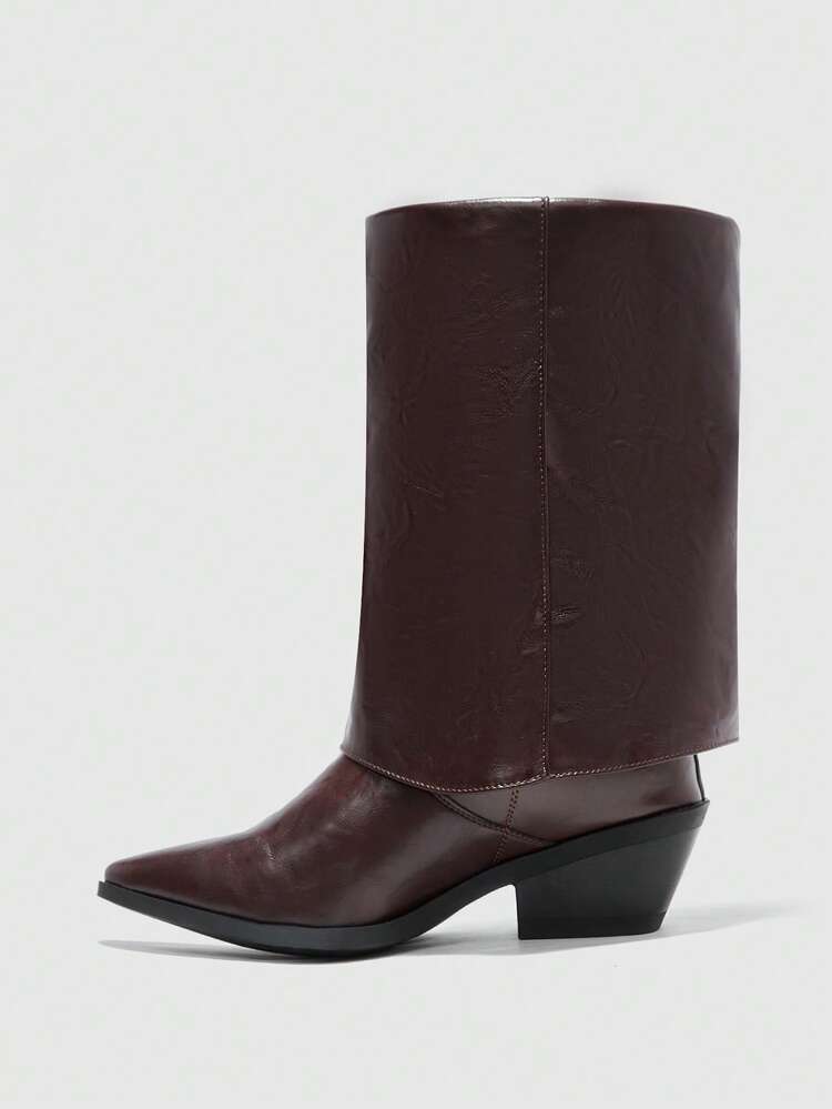 CUCCOO BIZCHIC Women's Pointed Toe Chunky Heel Burgundy Vintage Pleated Mid-Calf Boots, New Soft Thick Sole Riding Boots, Boots, Pants Tube Boots, Versatile & Comfortable