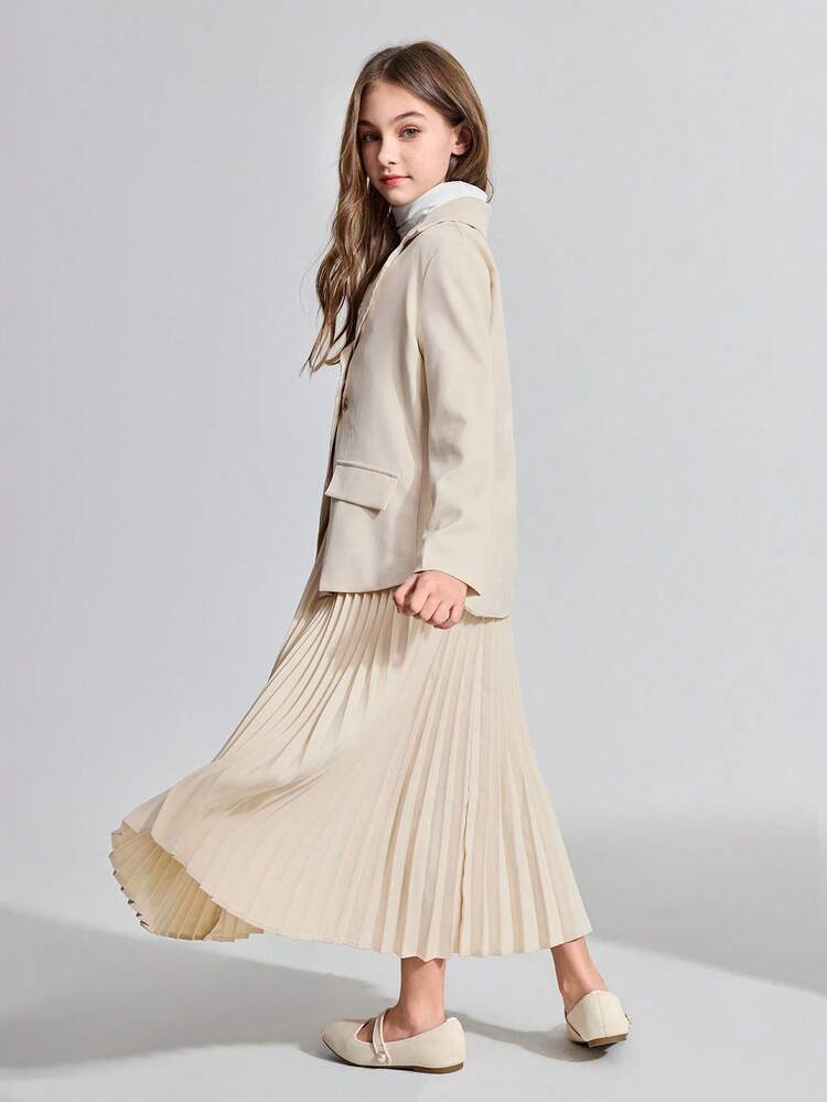 Tween Girl Floral Decor Lapel Jacket And Pleated Skirt Set Fall Winter