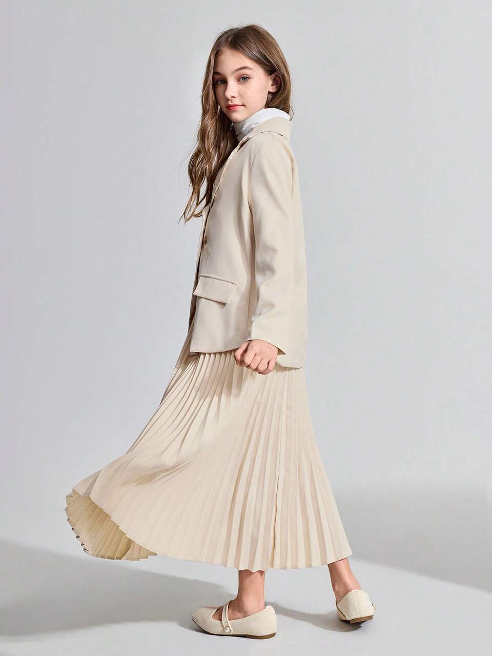 Tween Girl Floral Decor Lapel Jacket And Pleated Skirt Set Fall Winter