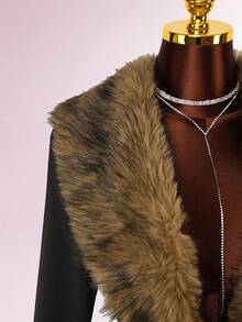 Amplova 毛领拼接深V领长袖紧身连体裤