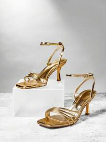 SHUZIA 魅力女士镜面金色方头踝带一脚蹬春夏高跟凉鞋节日派对舞会 - 金色 - 查看 3