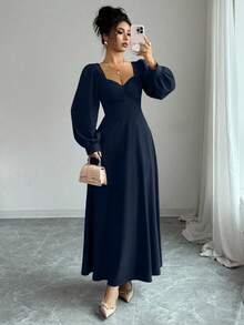 Elenzga 女士优雅方领泡泡袖束腰长裙，适合日常通勤 - 藏蓝色 - 查看 5