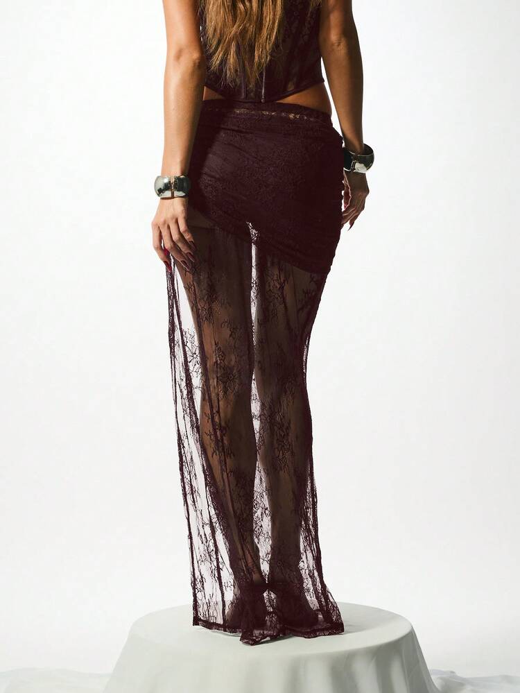 KIZN Lace Maxi Skirt With Dramatic Side Slit And Sheer Overlay For Evening Party Occasions