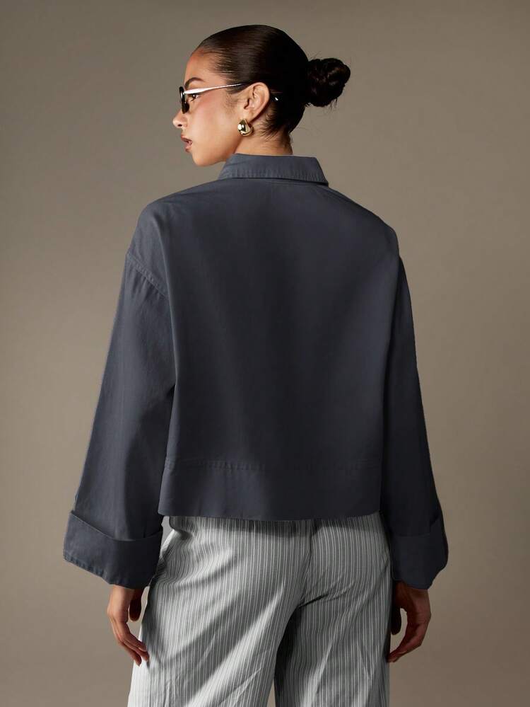 MISSGUIDED Cropped Button Front Denim Shirt Chest Pocket Long Sleeve Collared Jacket