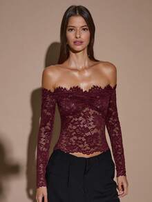 SHEIN BAE Women's Lace Sexy Sheer Hollow Out Off-Shoulder Long Sleeve Top, Wine Red, Day Of The Dead, Autumn/Winter Layering,Red Top,Christmas,Red Tops For Women,Valentine's Day,Valentine Outfits For Women - Burgundy - View 5