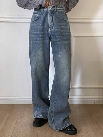 DAZY 女式水钻装饰水洗牛仔裤，秋季