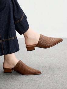 CUCCOO BIZCHIC 女式复古棕色编织压纹粗跟穆勒鞋 - 棕色 - 查看 3