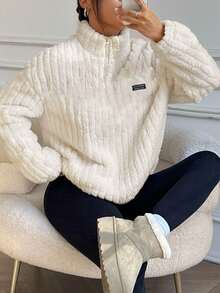 SHEIN EZwear 2 Stücke Sportlicher, minimalistischer Stil Abzeichen Reißverschluss Woll-Mischung Kapuzenpullover & Leggings Set für Damen, geeignet für Herbst/Winter - Aprikosenfarben - Übersicht 5