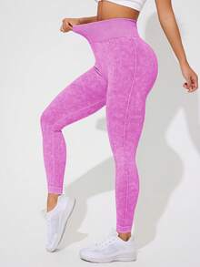SHEIN Sports 女士纯色简约日常紧身裤 - 玫紅色 - 查看 2