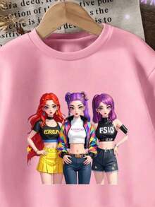 Young Girls' Christmas Cartoon Girl Group Graphic Comfortable Print Long Sleeve Sweatshirt, Suitable For Autumn/Winter, Lightweight And Cozy, Great For Layering In Fall, Fashionable Casual Wear, Graphic Design, Back To School Season, Autumn, Back To School Party, Suitable For Outdoor Picnic, Street Photography, Home, Campus, Holidays, Christmas, New Year Gift - Pink - View 5